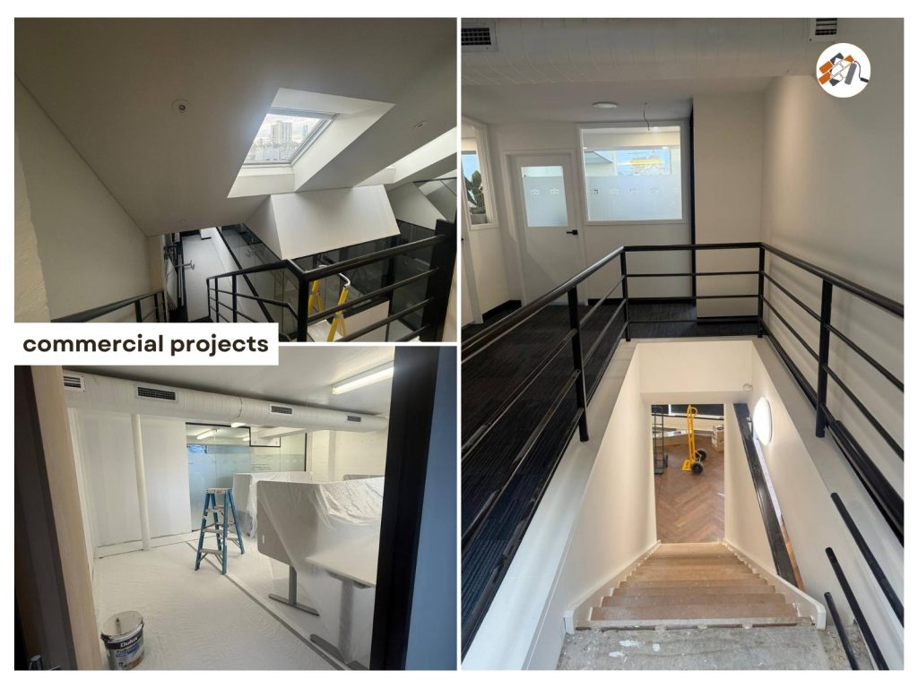 Collage of commercial interior renovation scenes: angular stairwell with a skylight on the left, a white-walled space with a ladder and covered furniture on the bottom left, and a stairwell with black railings on the right.
