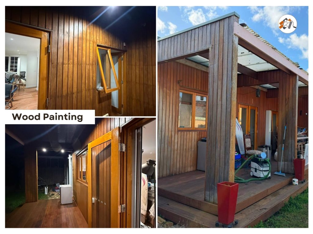 Collage showing a wood-painting project on a house: interior and exterior shots of stained wooden panels, open windows, and painting equipment.