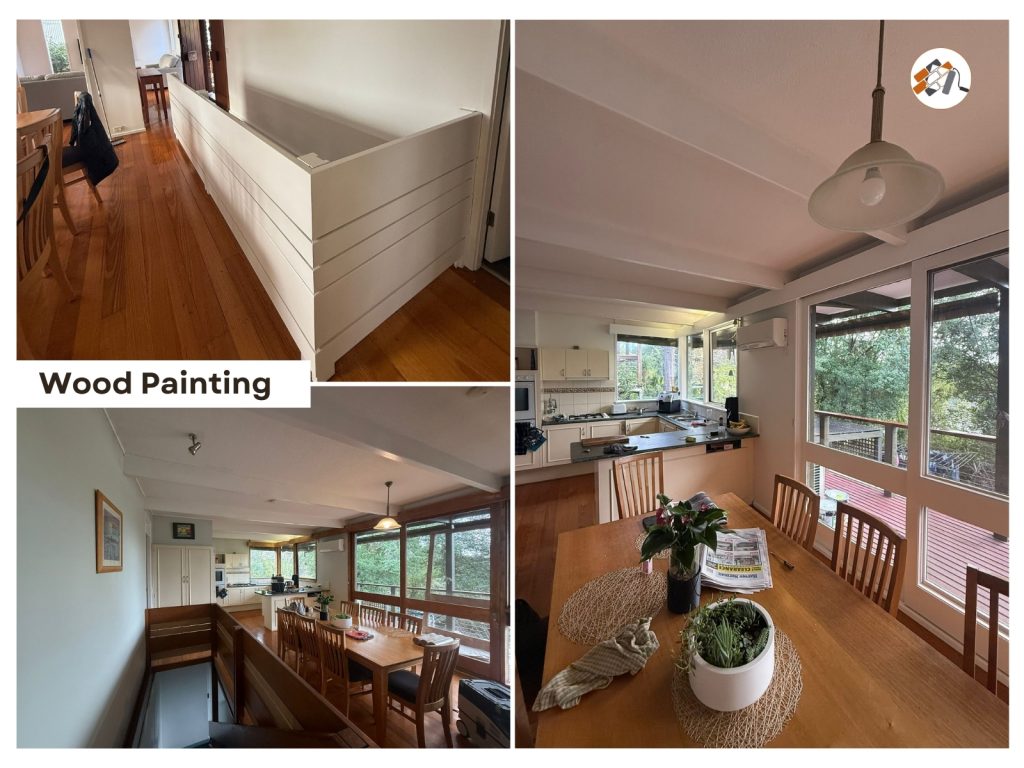 Collage of a bright open kitchen and dining area with wooden floors, white cabinets, and a large windowed wall opening to greenery.