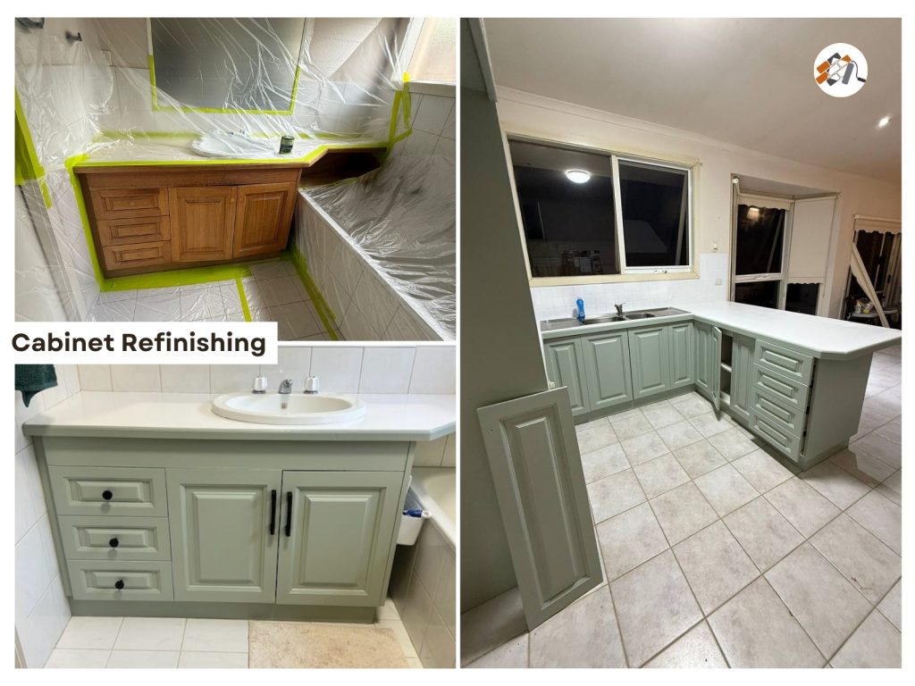 Before-and-after collage of a kitchen cabinet refinishing project: left shows plastic-covered surfaces and a wooden vanity during prep; right shows a finished mint-green kitchen with an island and light tiles.